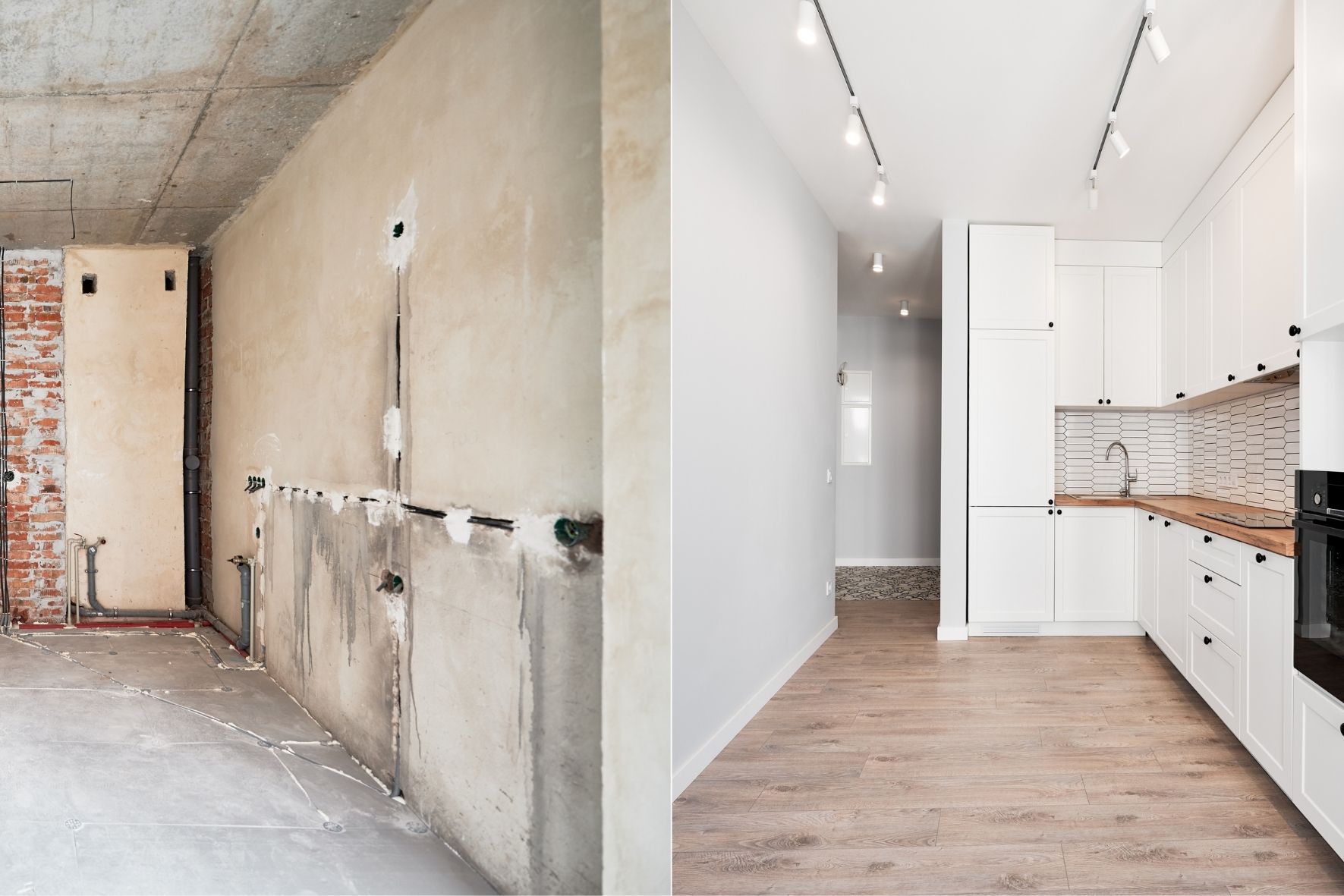 Comparaison visuelle avant et après d’un espace cuisine rénové dans un logement résidentiel  à Sainte-Julienne